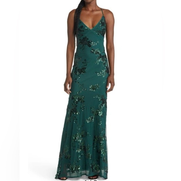 Lulu’s Valhalla Forest Green Sequin Lace-Up Maxi Dress Size Large - Picture 13 of 16